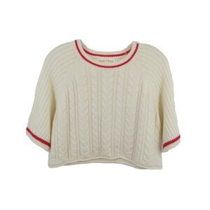 Sugar Moon White Cable Knit Cropped Pullover Sweater Red Trim Raglan Medium